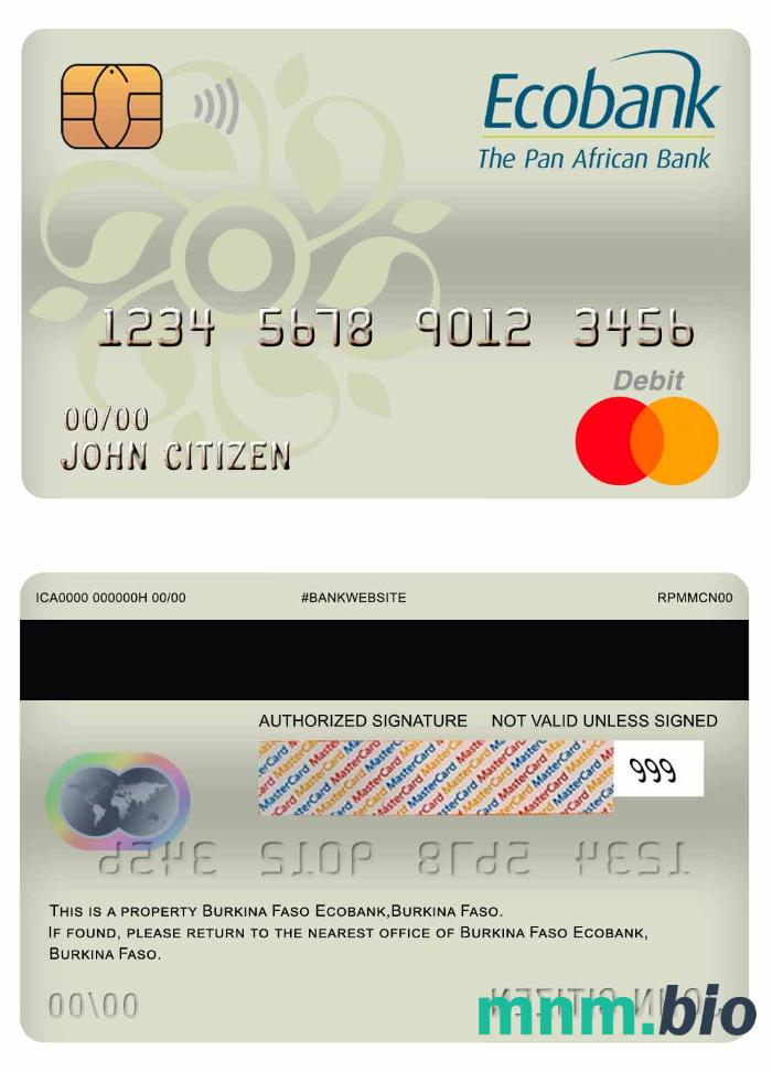 Burkina Faso Ecobank bank mastercard debet karta przykład w formacie PSD